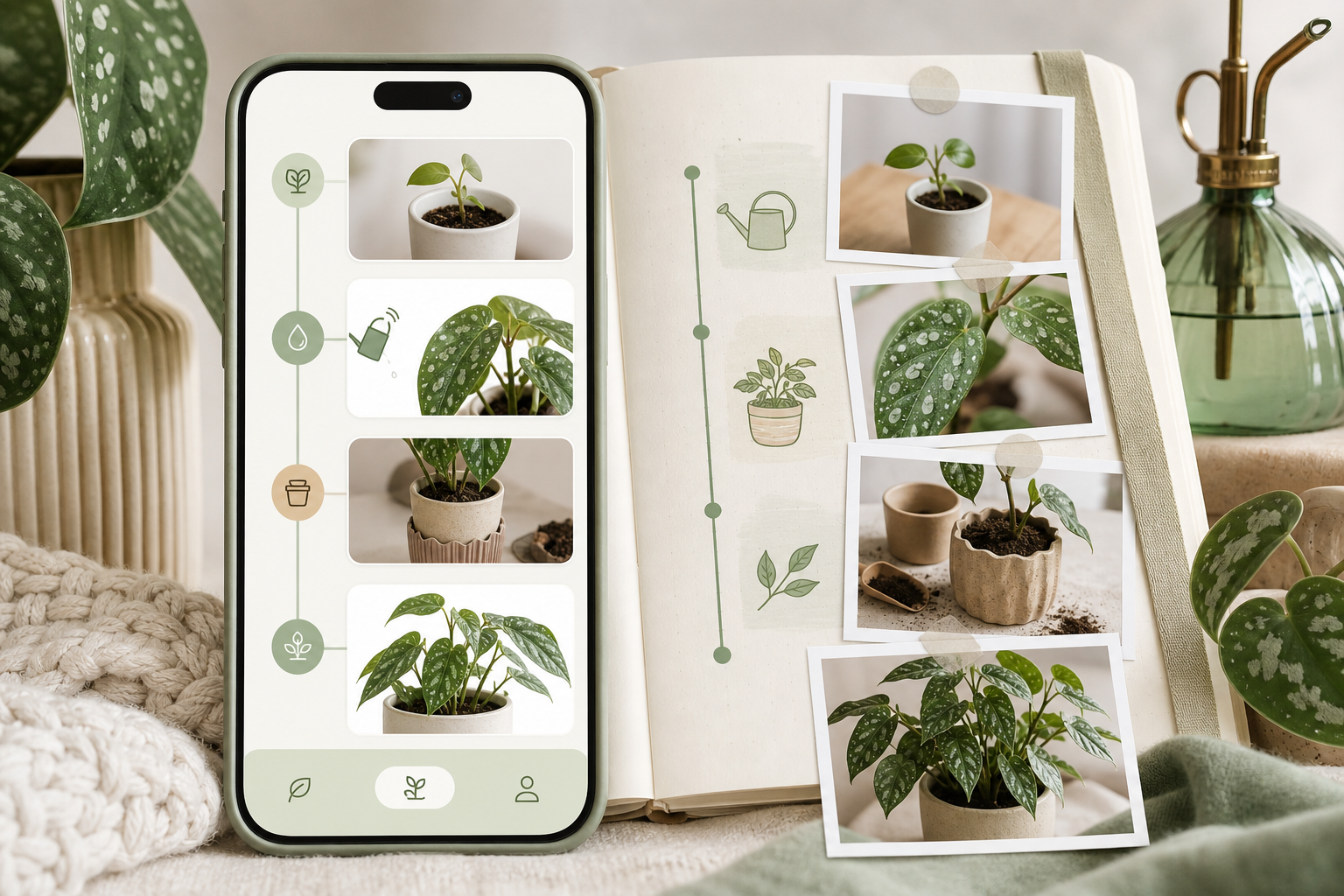 Leafy Days growth journal timeline with plant progress photos